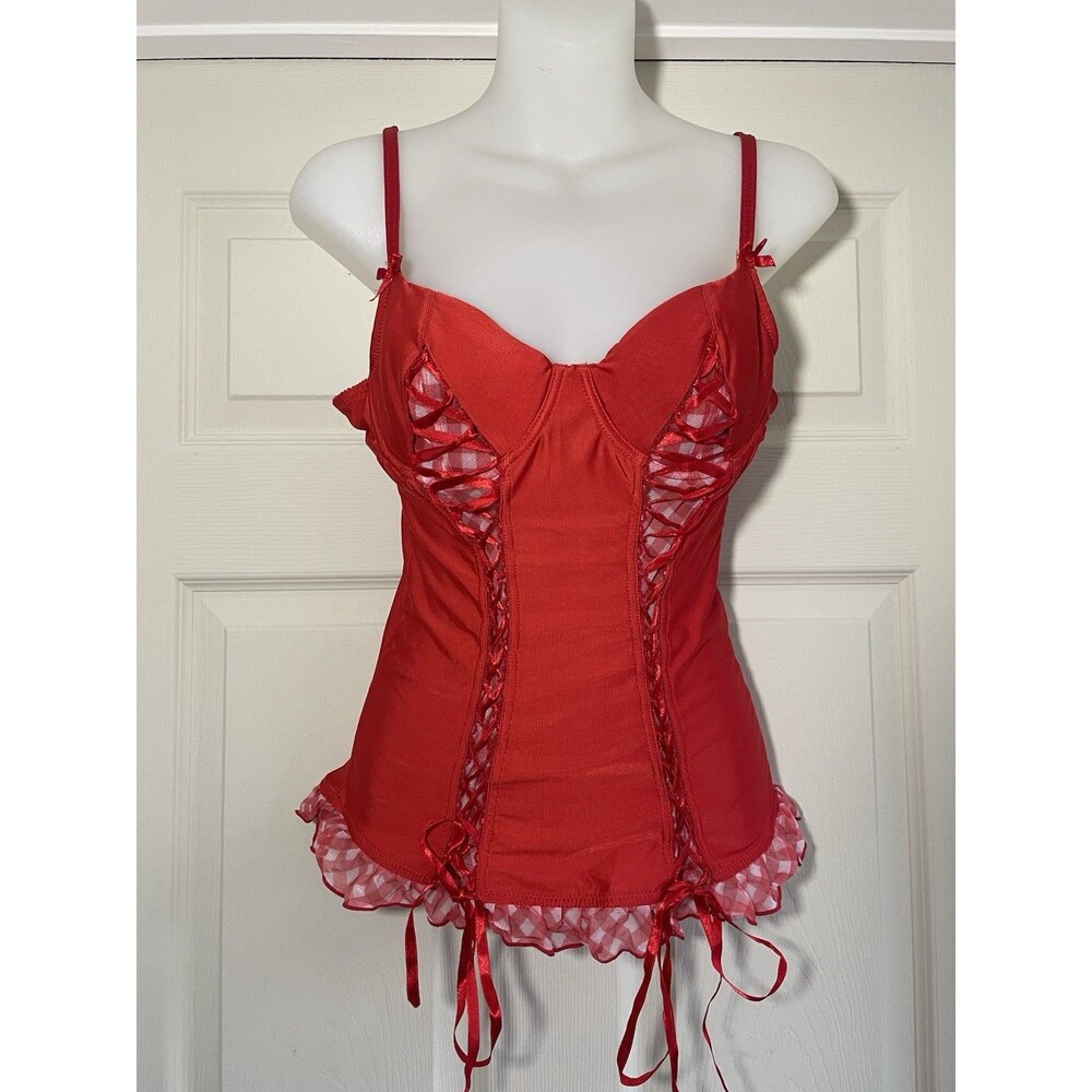 Native Intimate Red 36B Corset Checkered Ribbon Sexy Valentine Lingerie Farmgirl